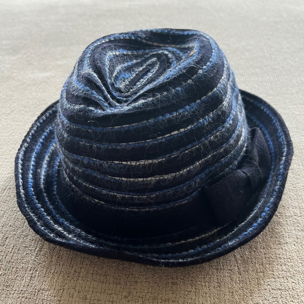 Jessica Simpson Navy Blue Wool Blend Striped Cloche Hat with Bow Detail O/S